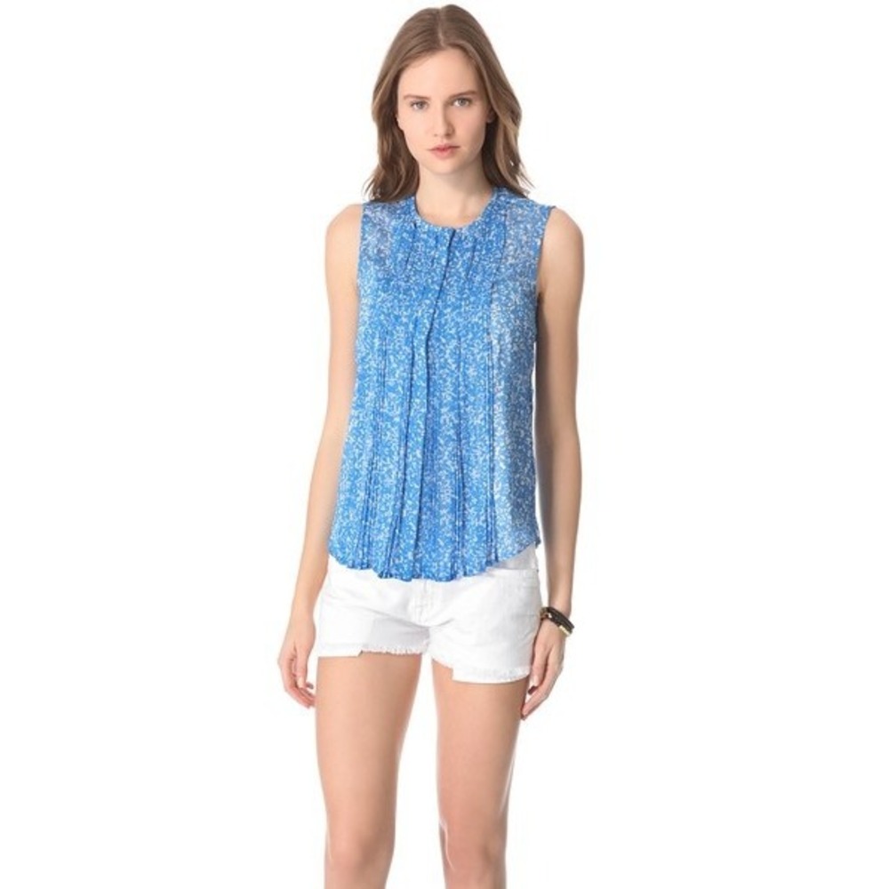 Diane von Furstenberg Silk Pleated‎ Blouse 4 Blue Abstract Print Sleeveless Top